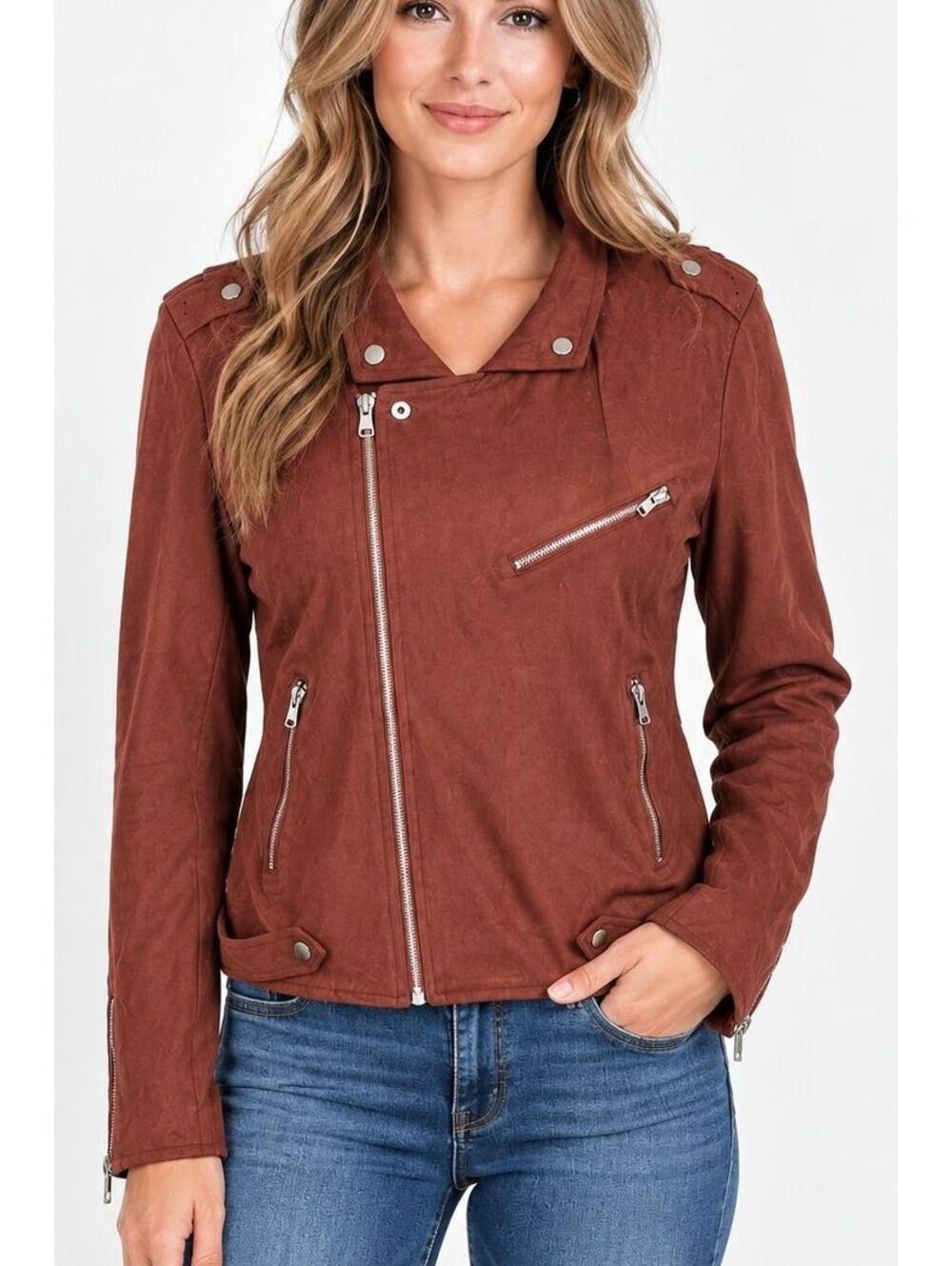 Pixley Kendari Faux Suede Moto Jacket Womens L Brown Rust Biker Stitch Fix